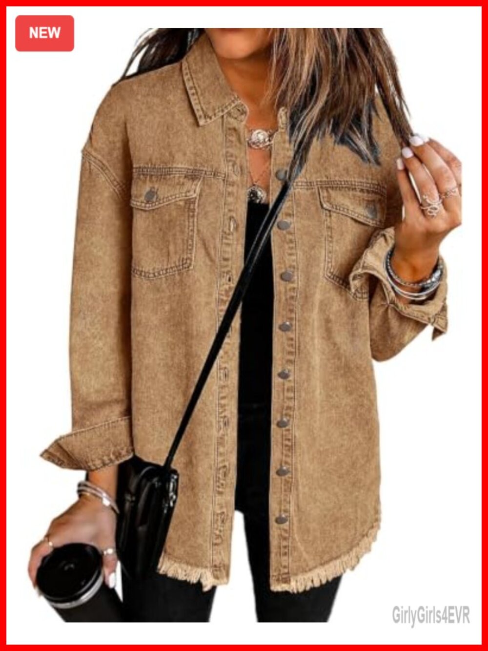 Oversized Button Up Frayed Hem Denim Shacket Jean Jacket